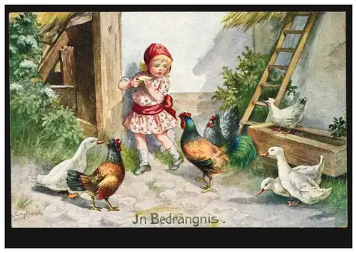 Künstler-AK In Bedrängnis - Hühner und Enten wollen fressen, beschriftet 1918