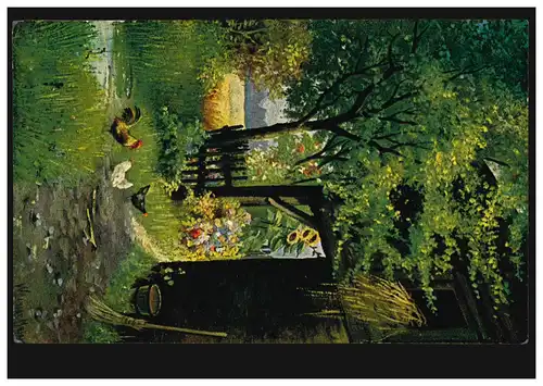 Künstler-AK Bauernhof mit Hühnern im Spätsommer, ungebraucht, um 1920