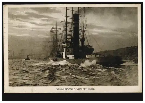 AK bateaux: Vue d'ambiance de l'Elbe avec bateau à vapeur et à voile, HAMBURG 1913
