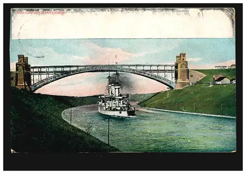 Foto-AK Schiffe: Hochbrücke über Kaiser-Wilhelm-Kanal mit Kreuzer KIEL 23.7.1907