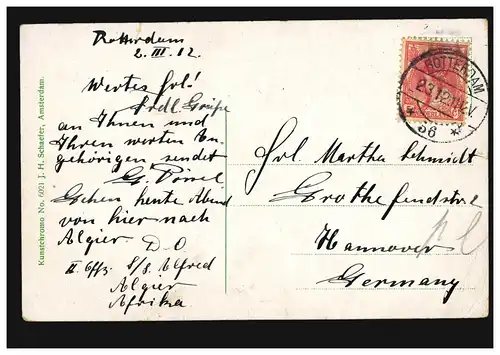 Künstler-AK Schiffe: Passagierschiff HAL S.S. RIJNDAM 1901, ROTTERDAM 2.3.1912