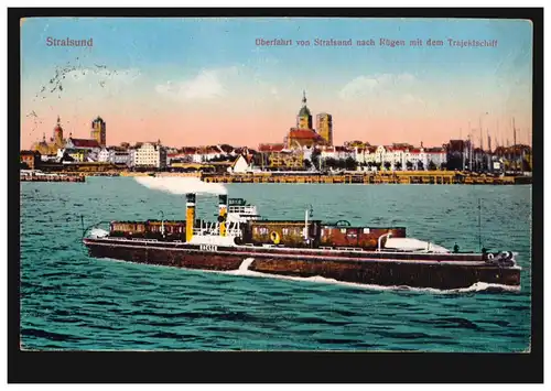 AK Stralsund: Überfahrt von Stralsund nach Rügen mit dem Trajektschiff, 1925