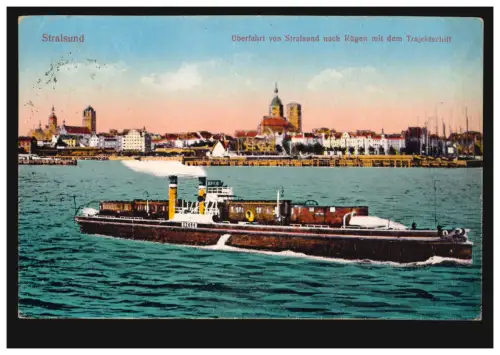 AK Stralsund: Überfahrt von Stralsund nach Rügen mit dem Trajektschiff, 1925