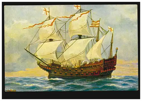 Künstler-AK Chr. Rave: Englisches Kriegsschiff 16. Jahrhundert, ungebraucht