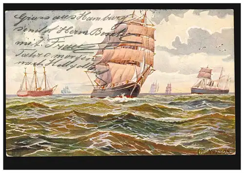 Voiliers AK artistes en haute mer, HAMBURG 15.5.193 vers RHEINECK 16.5.03