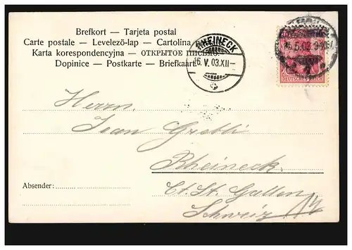 Künstler-AK Segelschiffe auf hoher See, HAMBURG 15.5.1903 nach RHEINECK 16.5.03