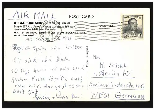 AK Derrick Smoothy: Bateau Bateaux BRITANIS, CRITOBAL CANAL ZONE 1971