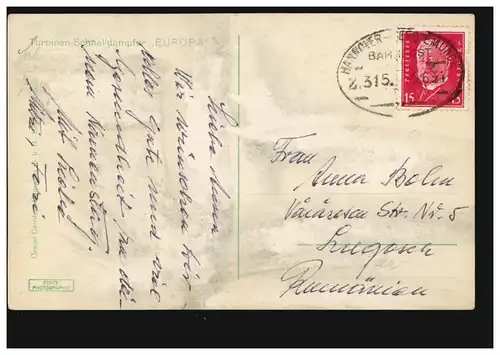 Poste ferroviaire HANNOVER-GEESTE ZUG 315 - 9.6.1931 sur Photo-AK vapeur EUROPE