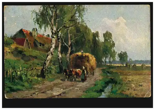 Künstler-AK Ochsengespann mit vollem Heuwagen, HORNBACH 27.5.1912