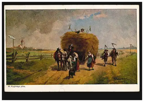 Künstler-AK Max Kuglmayr: Landwirtschaft - Heimbringen der Heuernte, GRÜNSTADT 