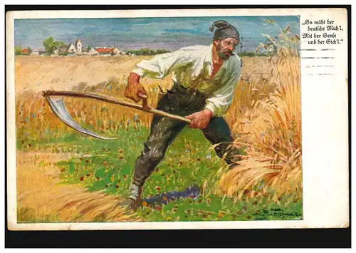 AK Landwirtschaft Wohlfahrt: Der Schnitter mit Sense, MÜNCHEN 3.12.1914