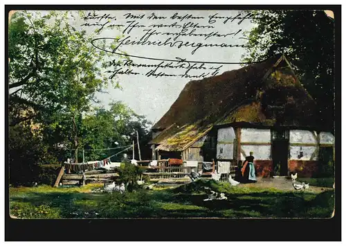 AK Landwirtschaft: Bauernhof  - Beim Wäschetrocknen mit Hühnern und Hund, 1906 