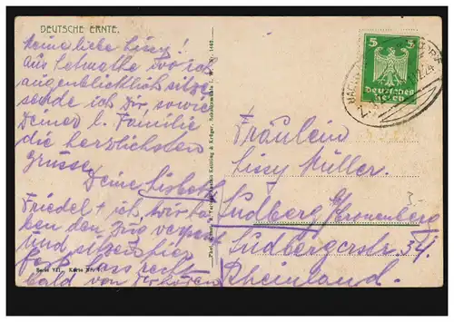 Post de chemin de fer HAGEN-BETZDORF ZUG 1257 - 21.12.1914 sur AK Récolte allemande