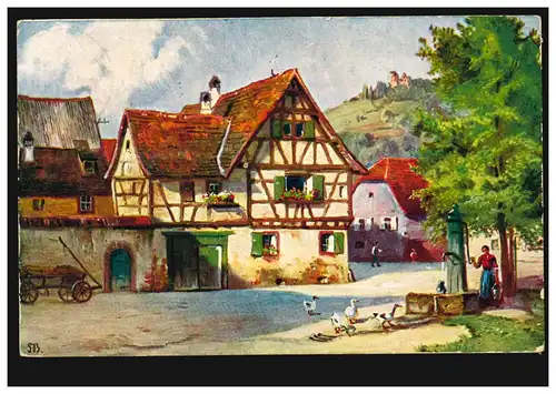 AK Landwirtschaft: Elsässer Bauernhaus mit Enten und Brunnen, MÜNSTER 18.10.1907