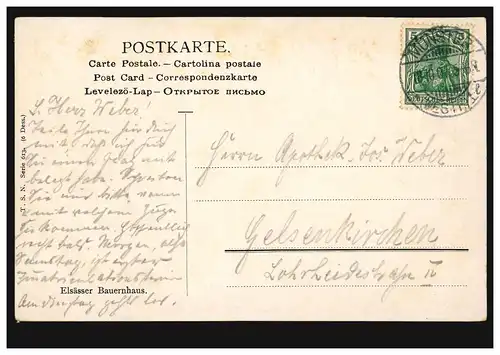 AK Landwirtschaft: Elsässer Bauernhaus mit Enten und Brunnen, MÜNSTER 18.10.1907