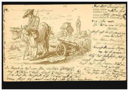 AK Landwirtschaft: Ludwig-Richter-Postkarte - Ochsengespann beim Pflügen, 1903
