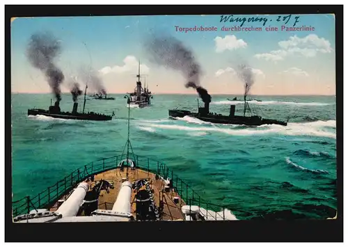 Foto-AK Kriegsschiffe Torpedoboote durchbrechen eine Panzerlinie WANGEROOGE 1914