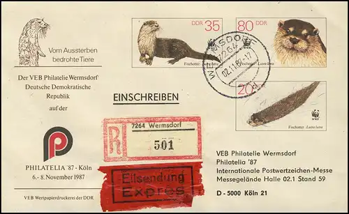 U 7 Nature naturelle WWF Loutre de poisson 1987, Zuschröcht Köln, Wermsdorf-Brief