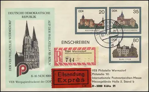 U 2 châteaux de la RDA 1985, tirage Philatelia Cologne, Lettre de Wermsdorf