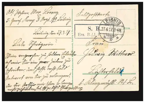 AK Leisnig: König-Friedrich-August-Caserne, Feldpost 27.4.17 BS Ers. B./J.R. 179