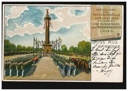 AK Gruss aus Hannover: Enthüllung der Waterloo-Säule, 18.4.1900 nach FRONHAUSEN