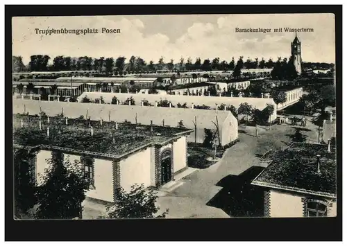 AK Truppenübungslager Posen: Barackenlager mit Wasserturm, WARTHELAGER 3.9.1915