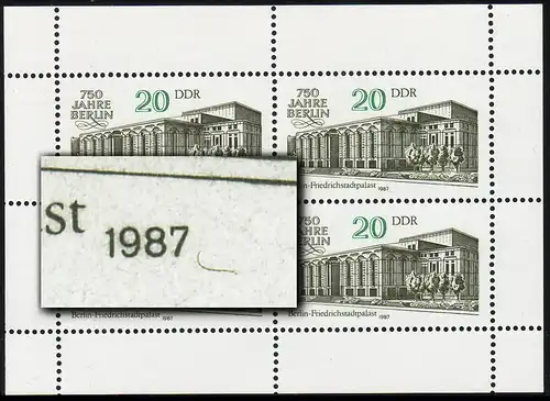 3078 Friedrichstadtpalast-Kleinbogen Berlin 4x 20 Pf 1987, PLF Haken, Feld 2, **