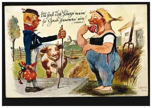 Humor-AK Landwirtschaft Karikatur, Liebesgeständnis mit Herz, PASSAU 17.11.1910