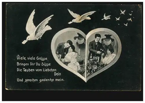 AK Accrocher l'amour Coeur avec des photos de pigeons-compagnons, Poste de terrain EUPEN 28.9.1907