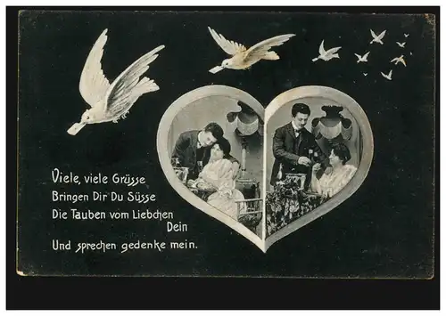 AK Anstoßen auf die Liebe Herz mit Bildern Brieftauben, Feldpost EUPEN 28.9.1907