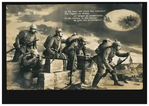 Foto-AK Gloria Victoria: Beim Angriff, Feldpost 24.9.15 mit BS S.B. 9/J.-R.68  
