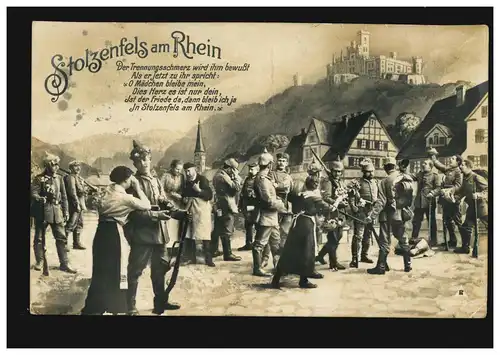 Photo-AK Stolzenfels am Rhein: En route pour la sortie, Feldpost 13.6.1915 sans BS