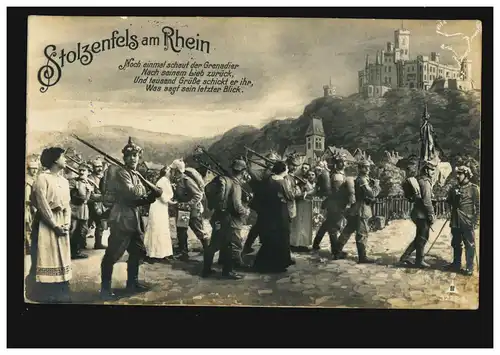 Foto-AK Stolzenfels am Rhein: Der Abmarsch, Feldpost 30.6.1915 mit S.B. 9/J-R.68