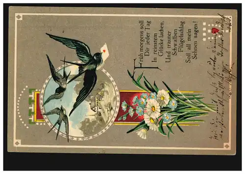 AK Schwalben mit Brief, Feldpost PRACKENBACH 11.7.1917 an Bayer. Fußart.-Rgt. 3 