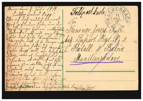 AK Schwalben mit Brief, Feldpost PRACKENBACH 11.7.1917 an Bayer. Fußart.-Rgt. 3 