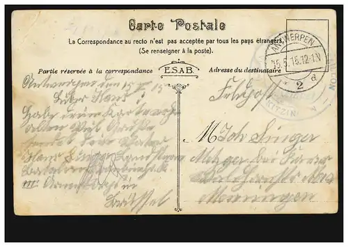 Feldpost Landwehr-Inf.-Bataillion Kitzingen sur AK Anvers avec vapeur 15.5.15
