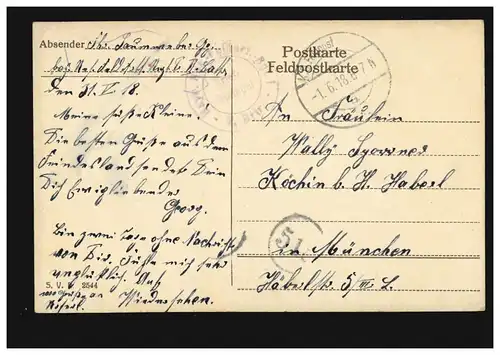 Feldpost BS Bayer. Res.-Fussartillerie-Regiment 1 auf passender AK, 1.6.1918 