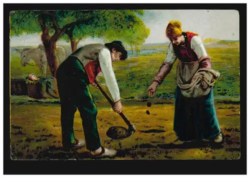 Künstler-AK Landwirtschaft / Feldarbeiten: Bei der Einzelaussaat, Bahnpost 1907