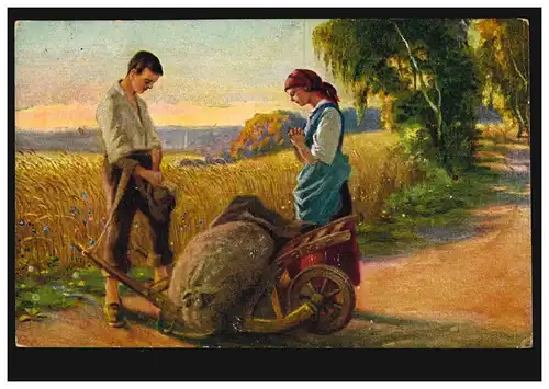 AK Agriculture Artiste W. Hugo: La prière du soir, couru en 1917