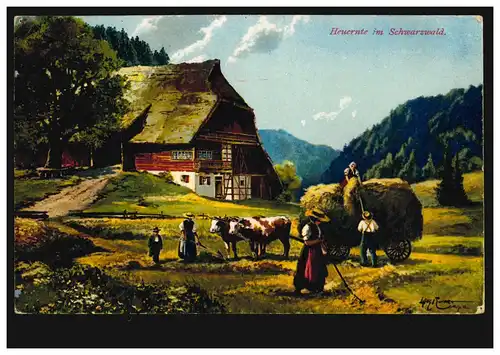 Künstler-AK Landwirtschaft: Heuernte im Schwarzwald, NIEDERESCHACH (BADEN) 1921