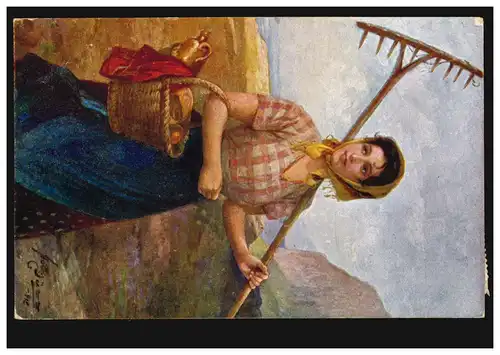 Salut artiste viennois AK Jos. Doux: Après le travail - paysanne avec panier et harke