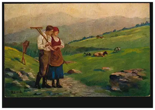AK Lerch Artiste: Sur la Alm - Paix paysanne avec harke et vaches, inutilisé