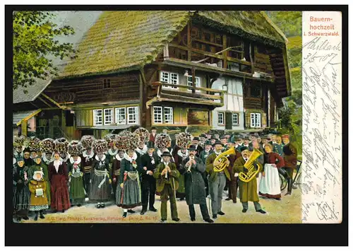 AK Bauernhochzeit im Schwarzwald mit typischem Kopfschmuck, per Bahnpost 1907
