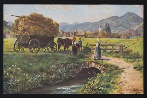 Künstler-AK H. Hoffmann: Erntesegen - Ochsengespann mit Heuwagen, ungebraucht