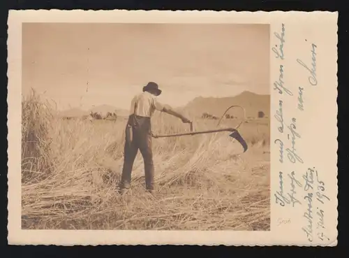 AK Groh: moissonneuse avec fense et avec pierre de Wetz liée STADTRODA 17.7.1936