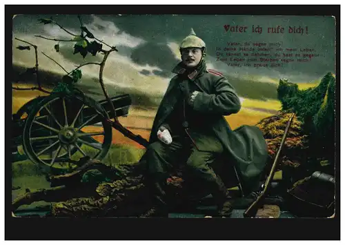 Je t'appelle ! Soldat blessé avec casque, poste de champ 17.4.1916