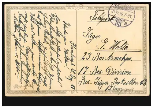 Weihnachts-AK Reichsadler, Feldpost HAMBURG 33a 21.12.15 an Res.-Jäger-Batl. 18