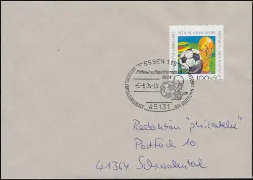 1718 Fußball-WM: Verzähnung durch Marke auf Brief SSt ESSEN Fußball 5.5.1994
