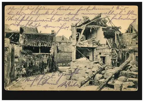 Photo AK Des maisons détruites, poste de terrain 1.11.1916 avec BS Batullion de fonds