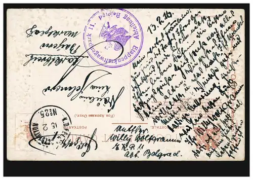 Feldpost 25 BS Etappenkraftwagenpark II. Abteling Belgrad 15.2.16 auf AK Rudern